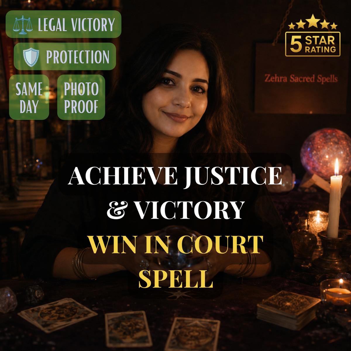 Win in court spell by Zehra Sacred Spells - personalized ritual to achieve legal victory, justice and protection with same day delivery
