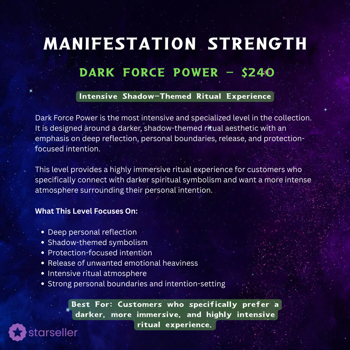 spell manifestation strength options - basic, standard, strong, extreme, ultimate and dark force power