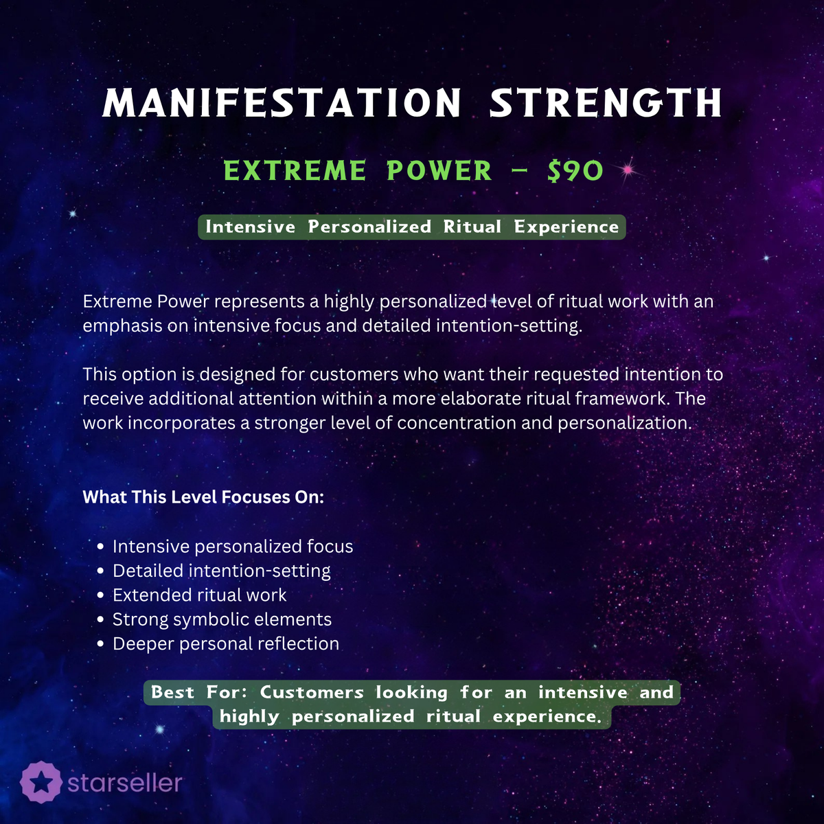 spell manifestation strength options - basic, standard, strong, extreme, ultimate and dark force power