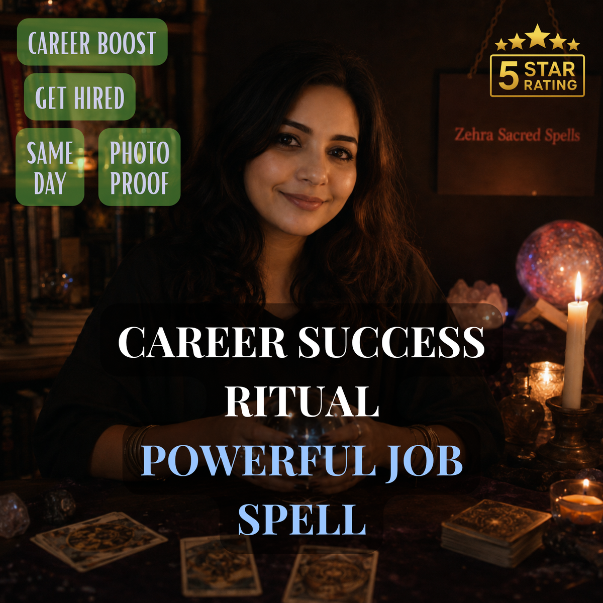 Powerful job spell details - how it works, about Zehra, why choose us, manifestation strength options and 5 star customer reviews