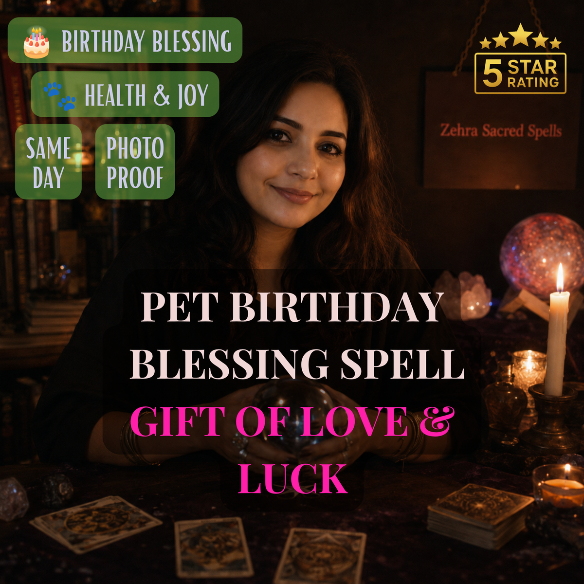 Pet birthday blessing spell by Zehra Sacred Spells - personalized birthday ritual for health, joy and luck for your dog or cat with same day delivery