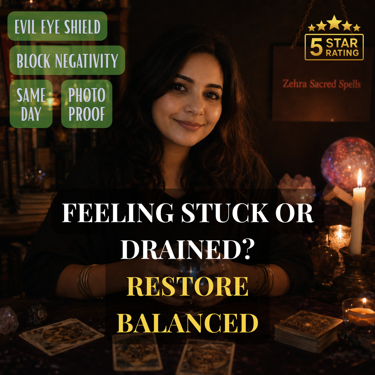 Restore balance spell by Zehra Sacred Spells - personalized ritual to shield from evil eye and block all negativity with same day delivery