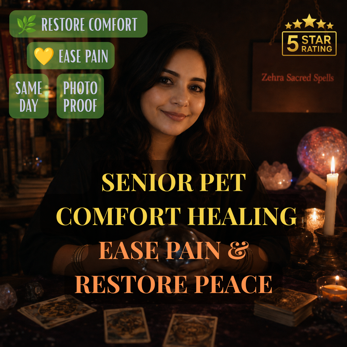 Senior pet comfort healing spell by Zehra Sacred Spells - gentle ritual to ease pain and restore peace for elderly dogs and cats with same day delivery