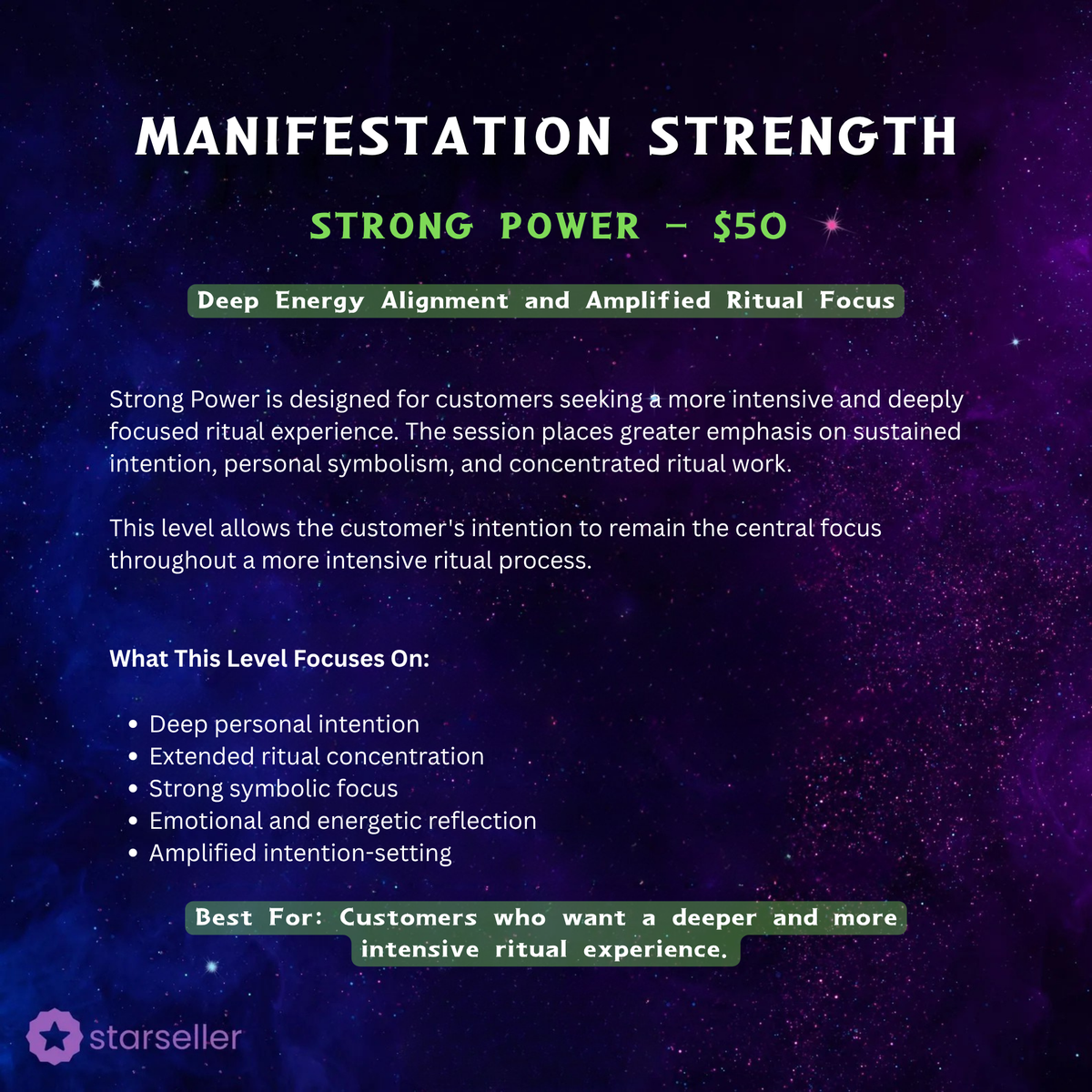 spell manifestation strength options - basic, standard, strong, extreme, ultimate and dark force power